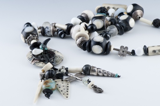 Sterling, Bone, Glass and Stone Long Necklace
